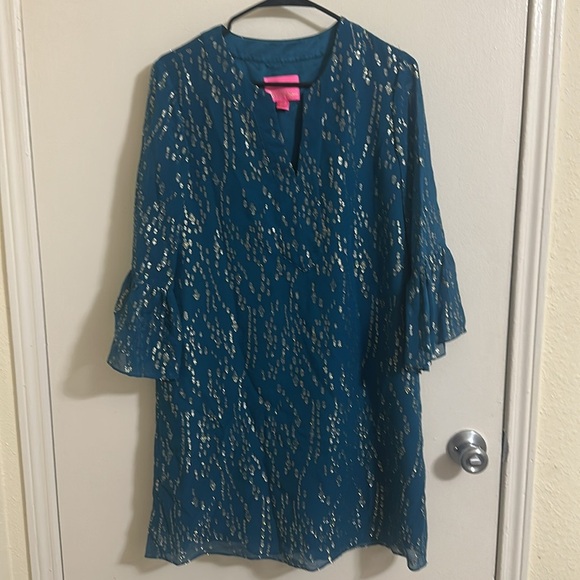 EUC Lilly Pulitzer Elenora Silk Dress Inky Tidal Fish Clip Chiffon medium - Picture 3 of 7